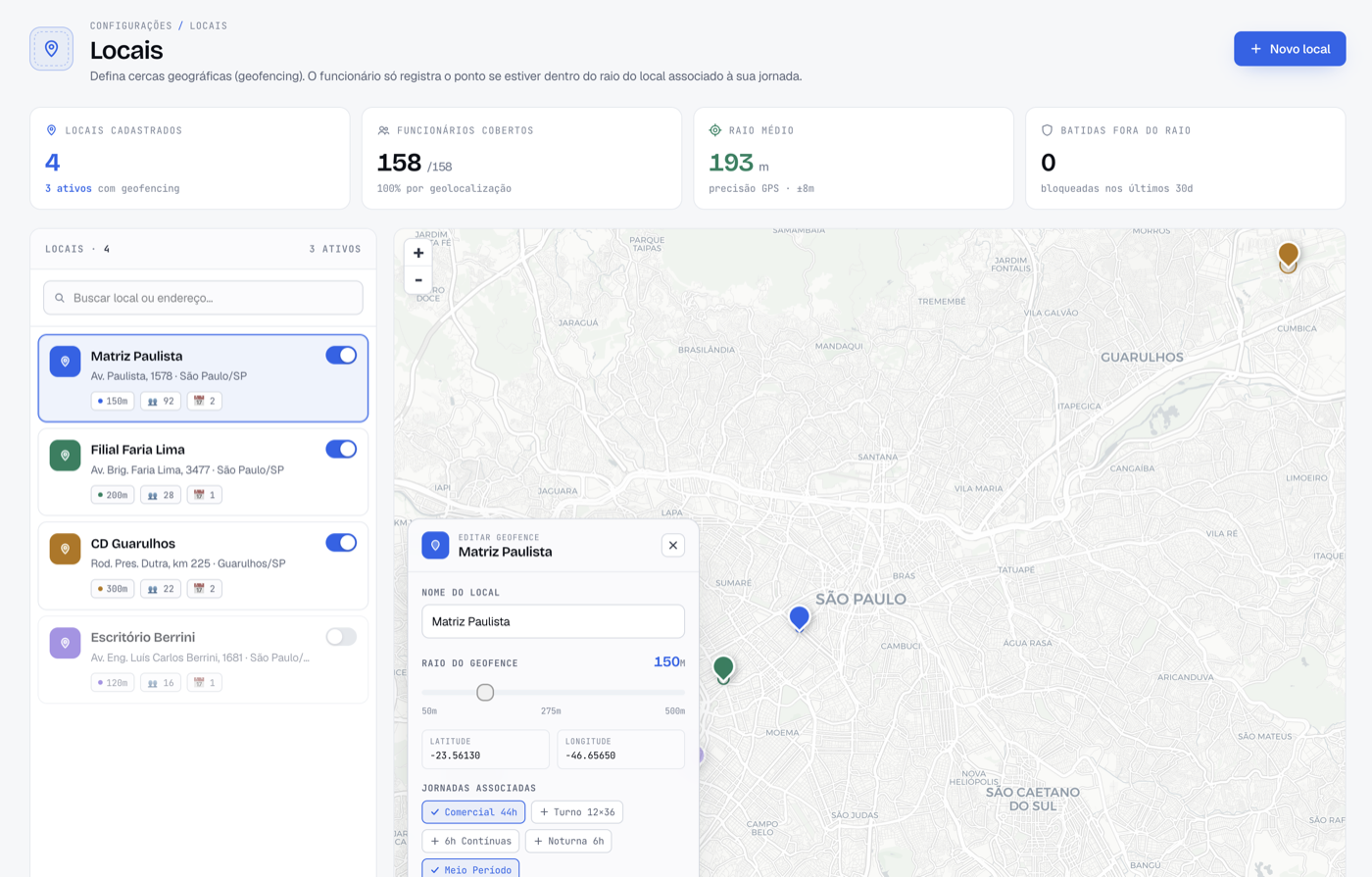 Mapa mostrando controle de locais permitidos para registro de ponto